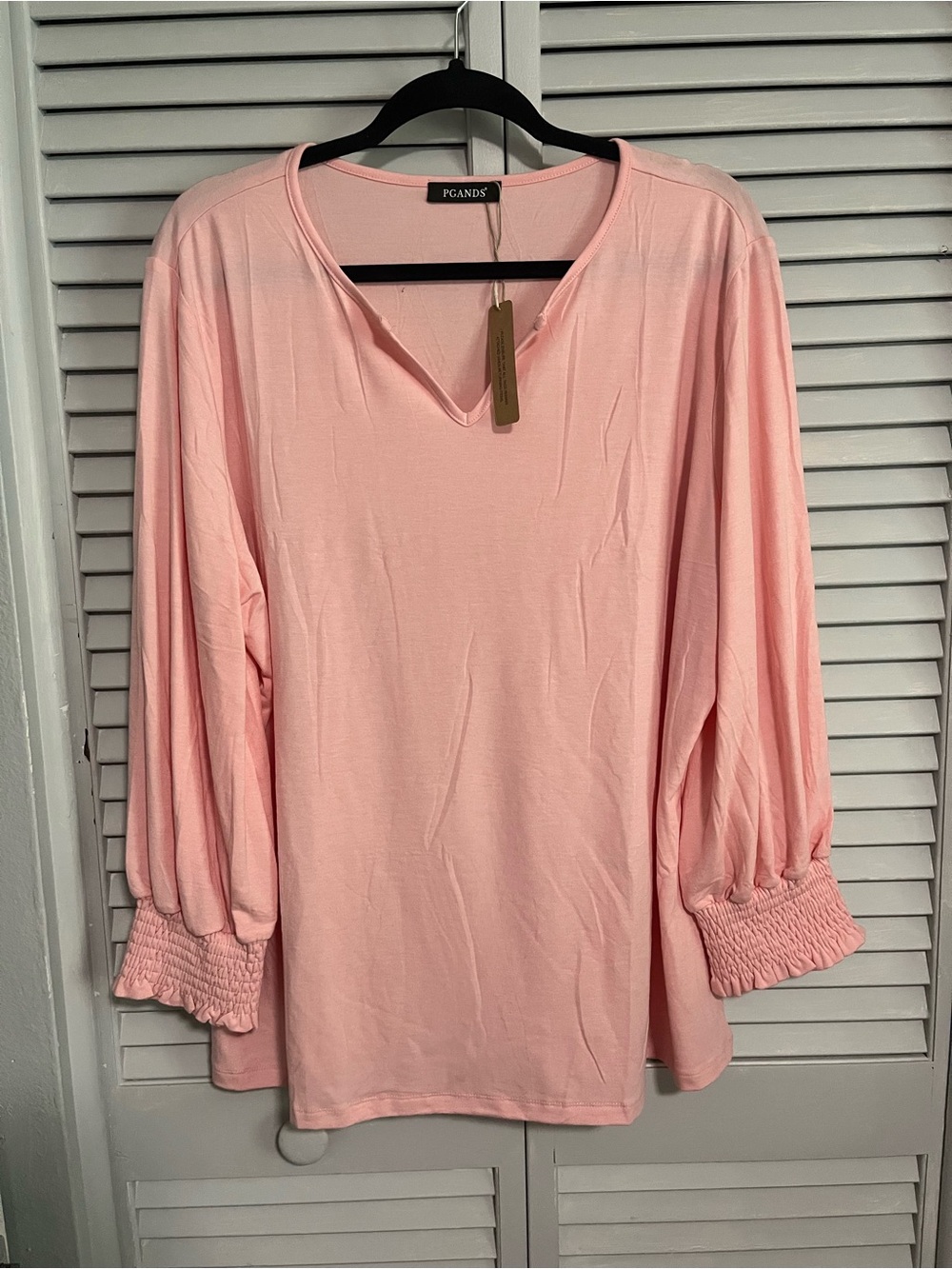 Blush V-Neck Long Sleeve Top with Smocked Cuffs
